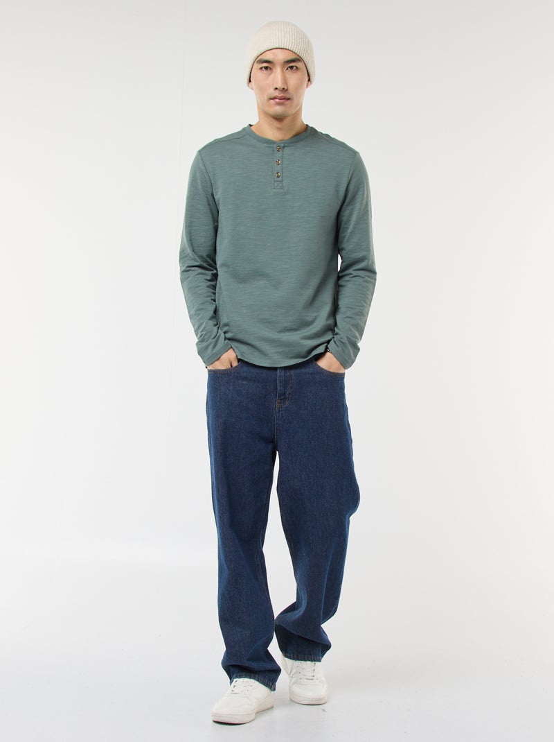 Long-sleeved T-shirt with henley collar Green - Kiabi