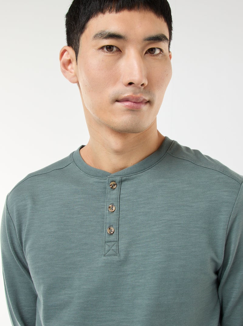 Long-sleeved T-shirt with henley collar Green - Kiabi