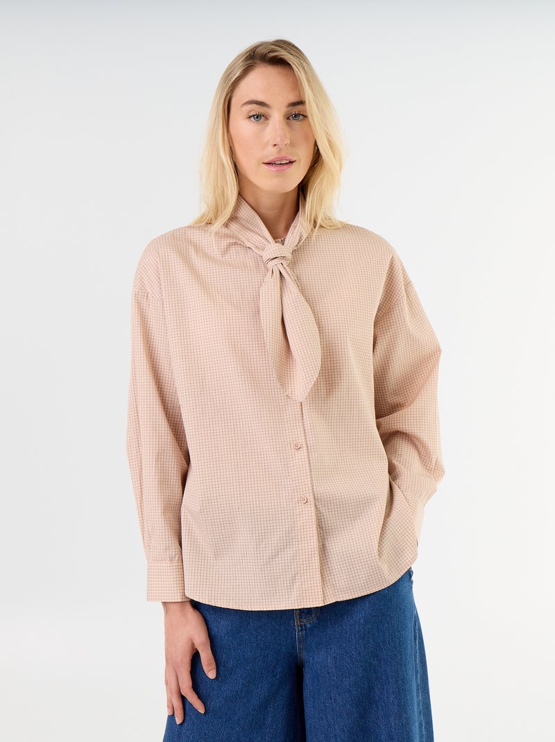 Loose long-sleeved shirt with pussy-bow collar Beige - Kiabi