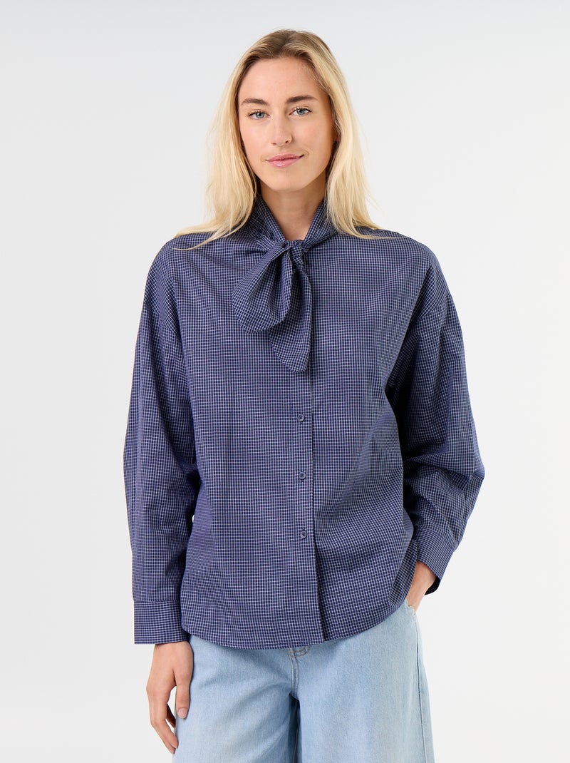 Loose long-sleeved shirt with pussy-bow collar Blue - Kiabi