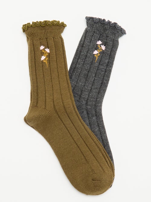 Lot de 2 paires de mi-chaussettes brodées - Kiabi