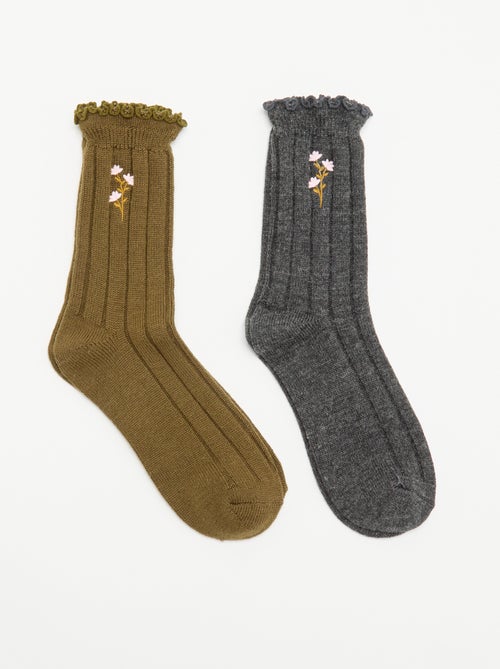 Lot de 2 paires de mi-chaussettes brodées - Kiabi