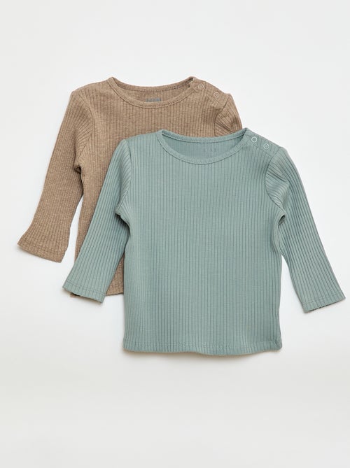 Lot de 2 t-shirts unis côtelés à manches longues - Kiabi