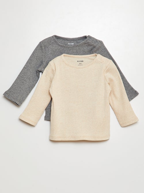 Lot de 2 t-shirts unis côtelés à manches longues - Kiabi