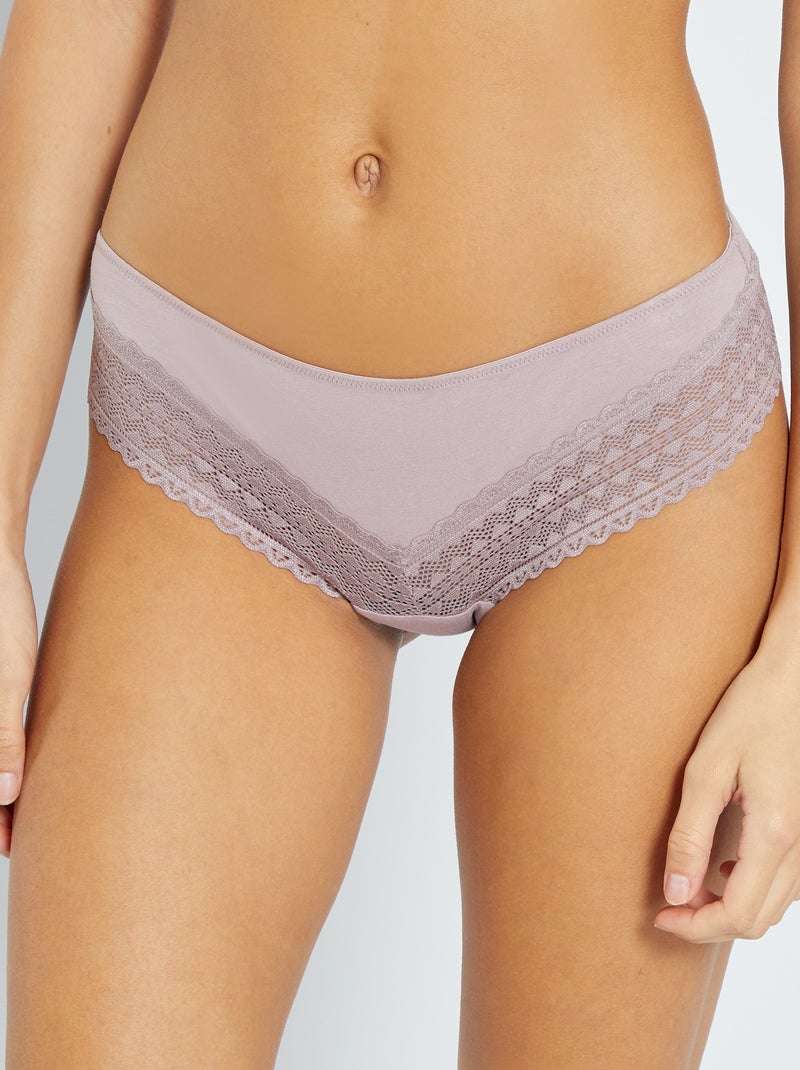 Lot de 3 tangas coton et dentelle rose grisé/écru/vert - Kiabi