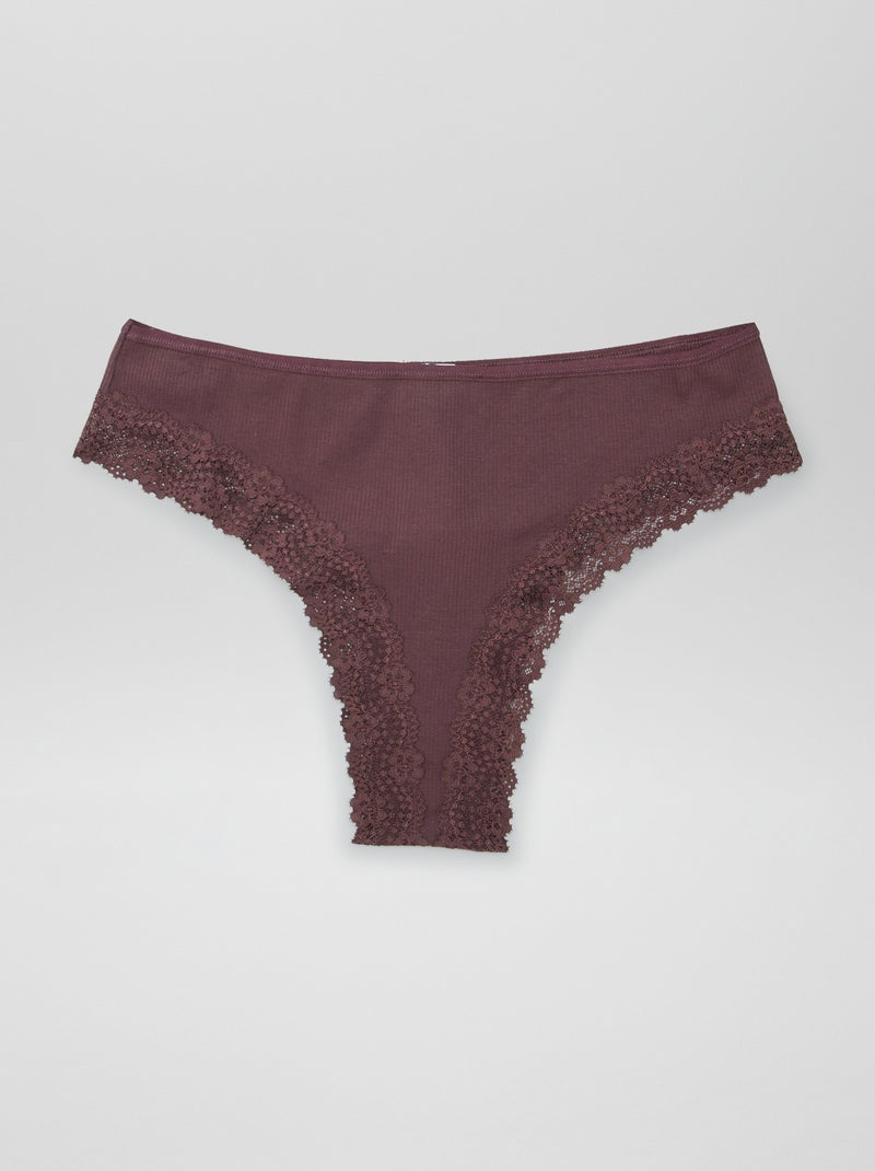 Lot de 3 tangas maille côtelée écru/brun/prune - Kiabi