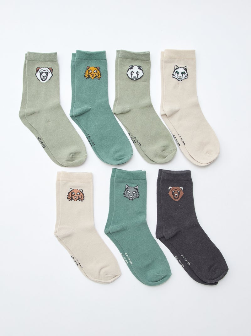 Lot de 7 paires de chaussettes imprimées Vert - Kiabi