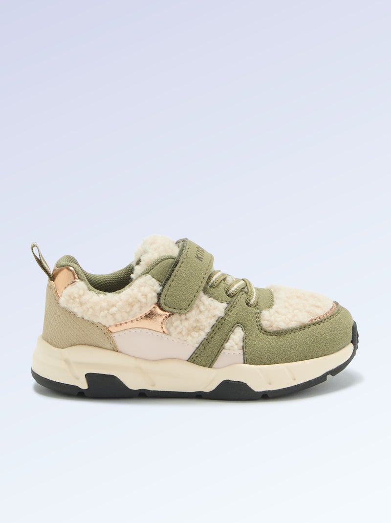 Low-top sneakers in suede-effect and sheepskin-effect Khaki - Kiabi