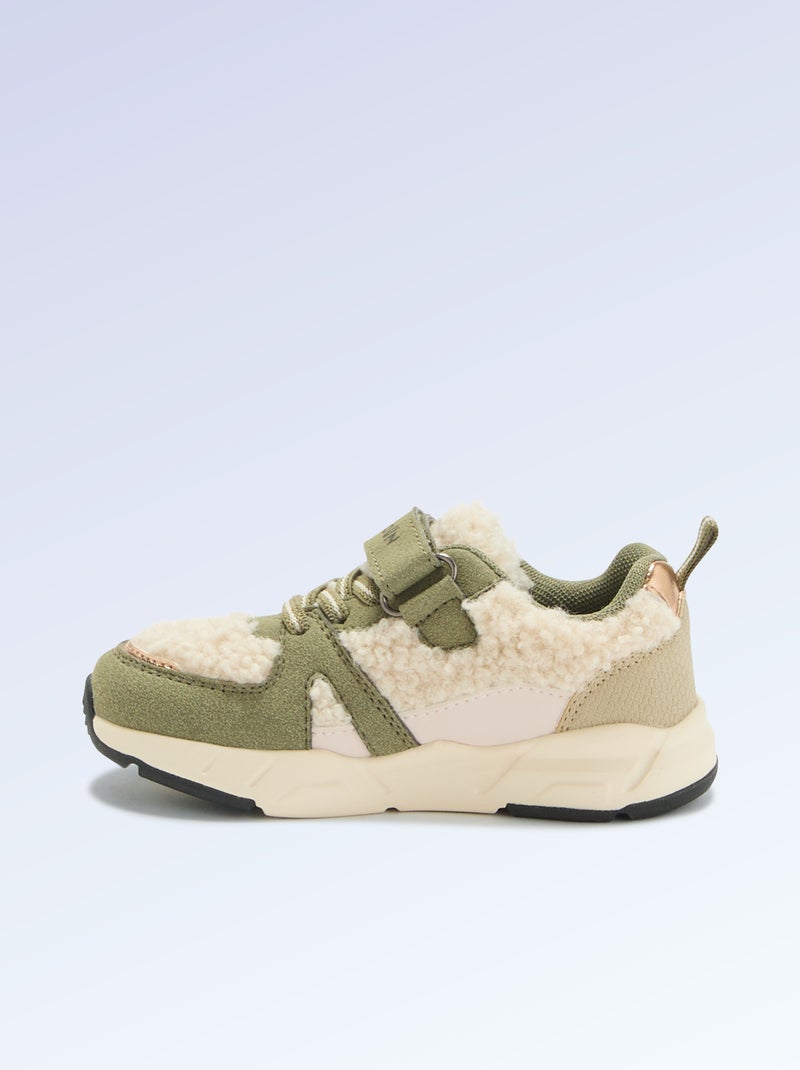 Low-top sneakers in suede-effect and sheepskin-effect Khaki - Kiabi