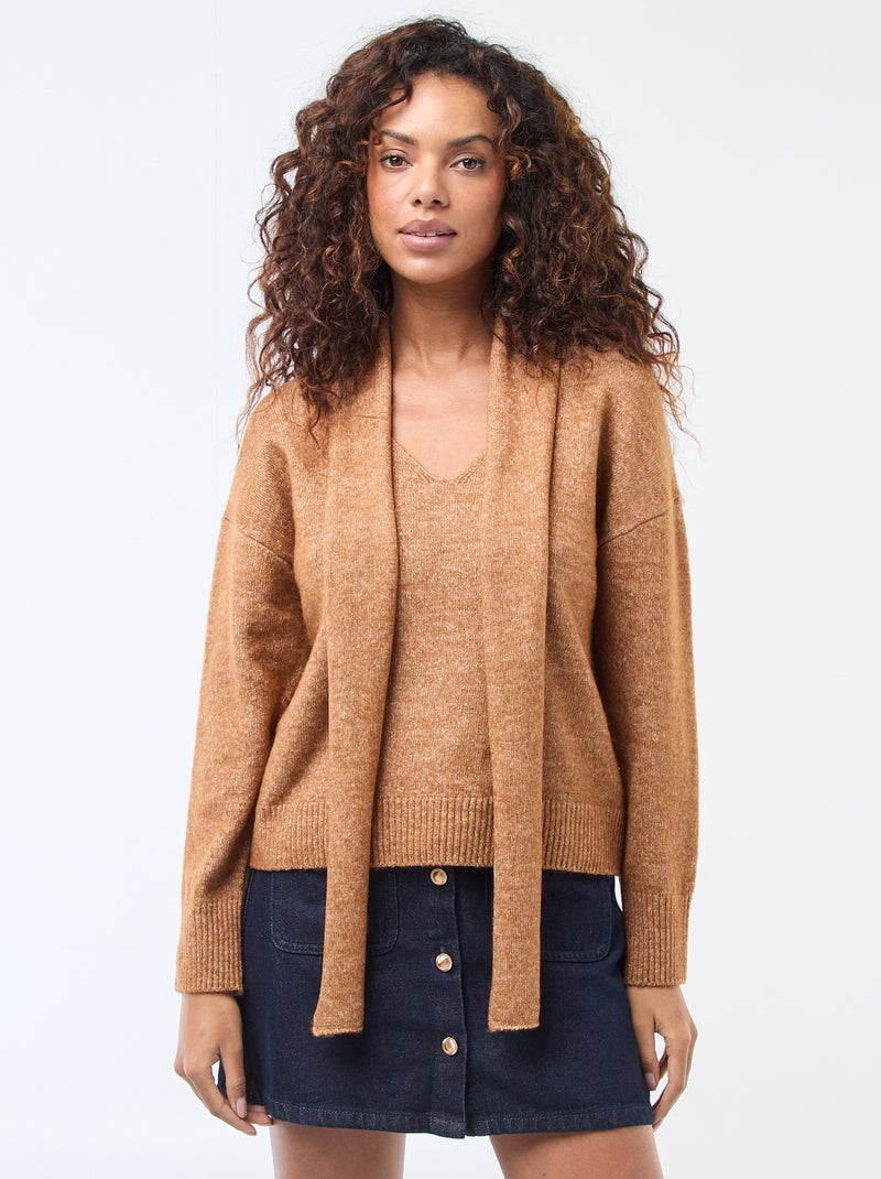 Maglione in maglia con sciarpa a punto grosso Marrone - Kiabi