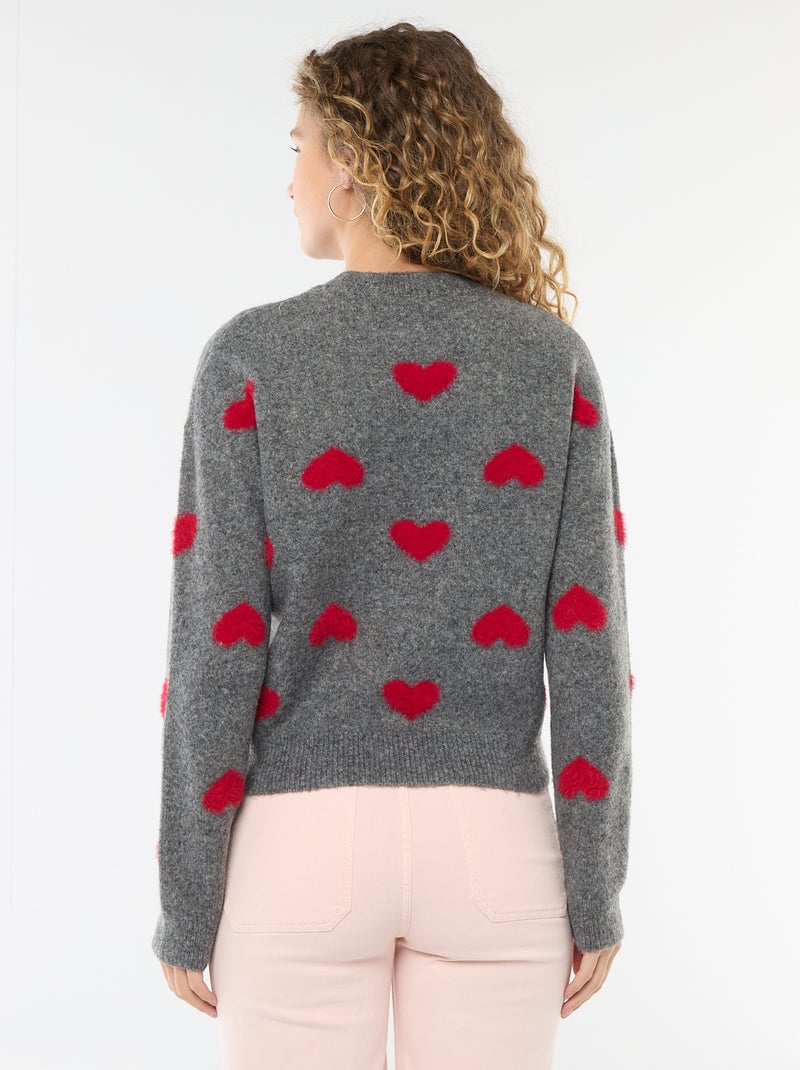 Maglione jacquard con cuori Grigio - Kiabi
