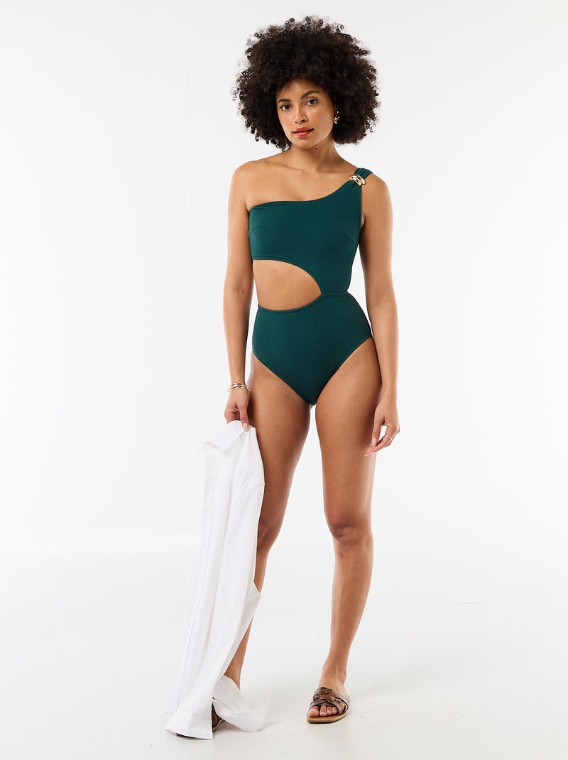 Maillot de bain 1 pièce asymétrique avec bijou doré Vert - Kiabi
