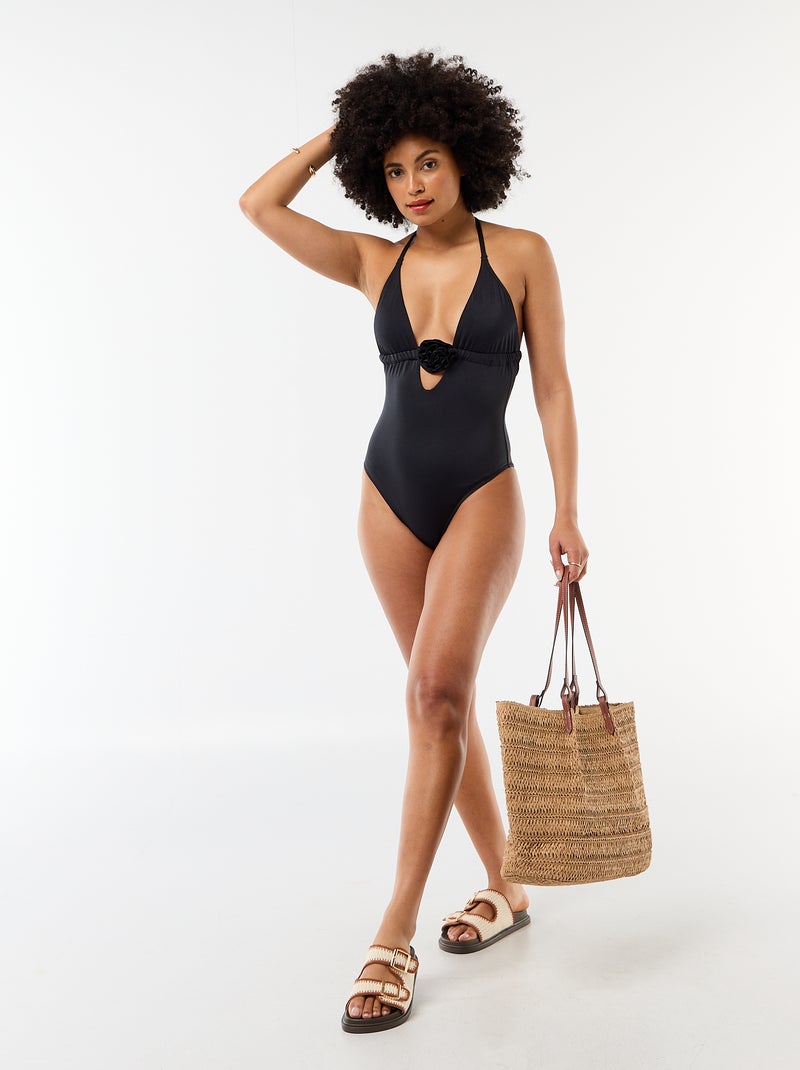 Maillot de bain 1 pièce avec fleur au décolleté Noir - Kiabi