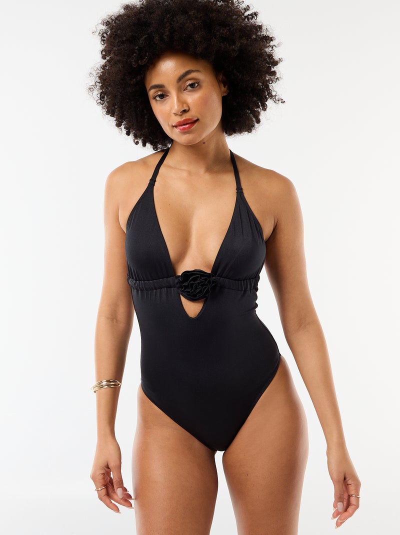 Maillot de bain 1 pièce avec fleur au décolleté Noir - Kiabi