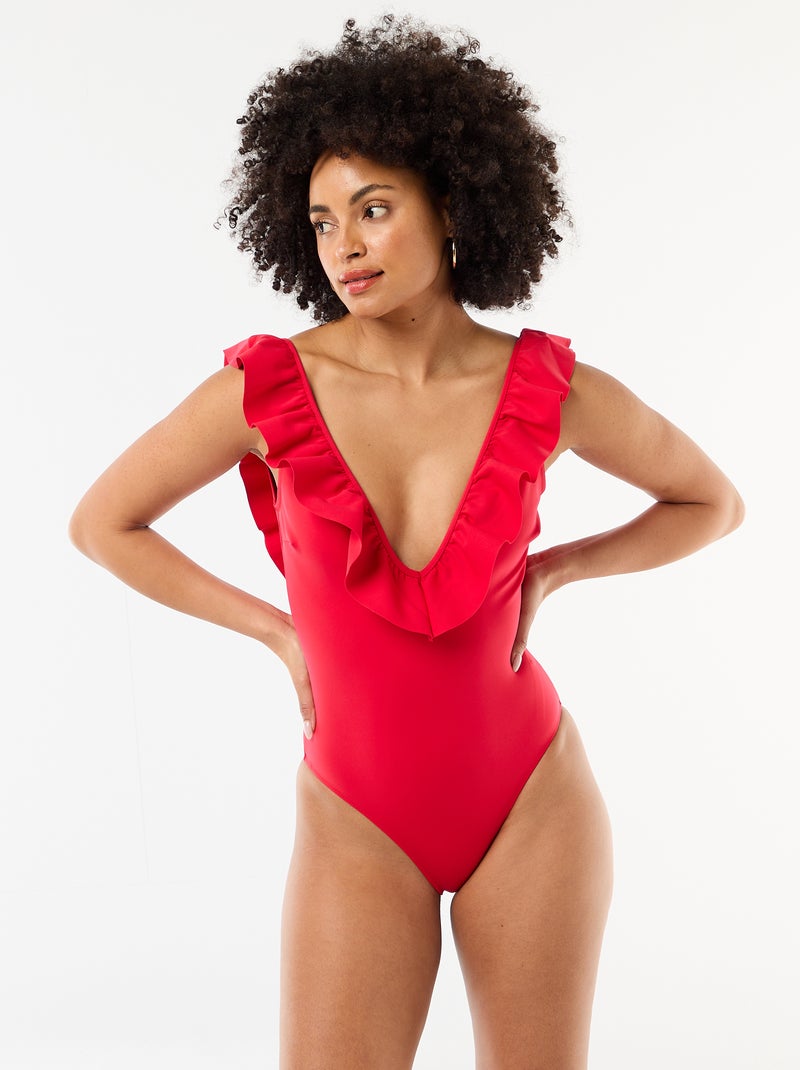 Maillot de bain 1 pièce décolleté plongeant Rouge - Kiabi