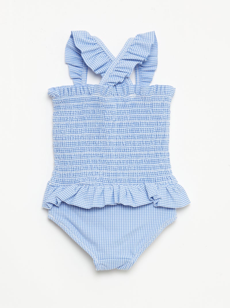 Maillot de bain 1 pièce smocké à volants Bleu - Kiabi