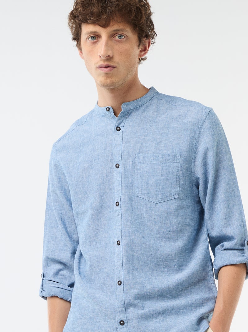 Mandarin collar shirt with linen Blue - Kiabi