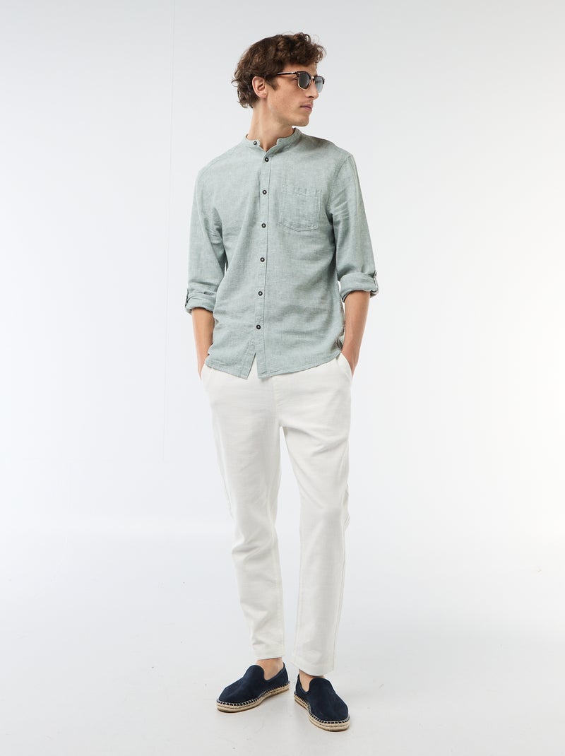 Mandarin collar shirt with linen Green - Kiabi