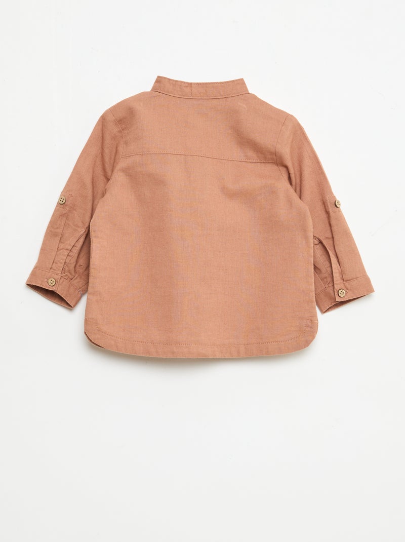 Mandarin Collar Shirt with Roll-Up Sleeves Brown - Kiabi