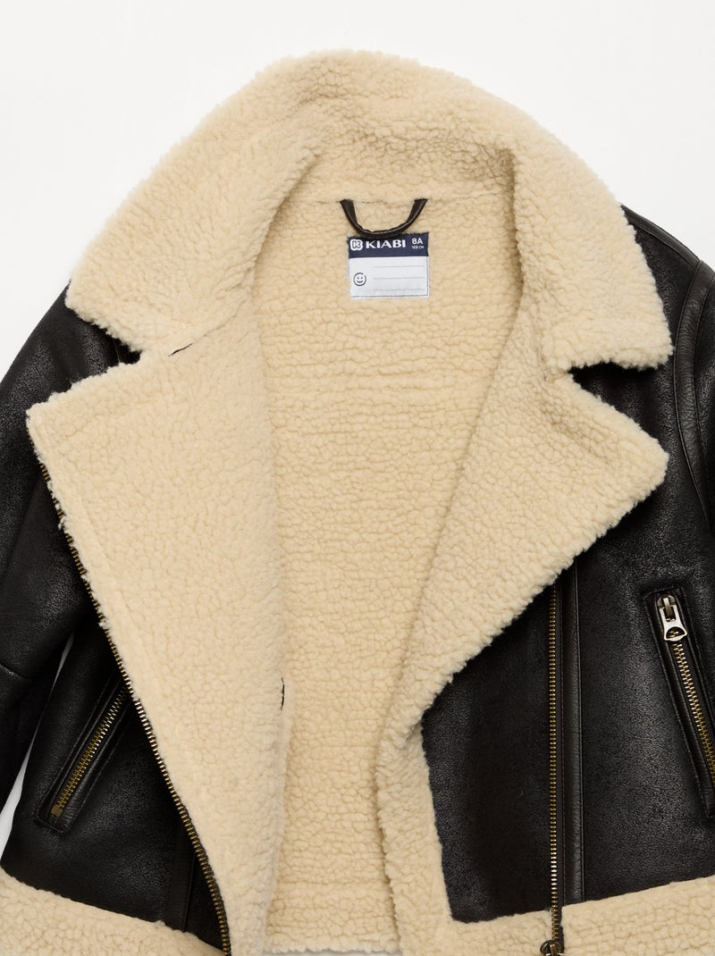 Manteau court en peau lainée Noir - Kiabi