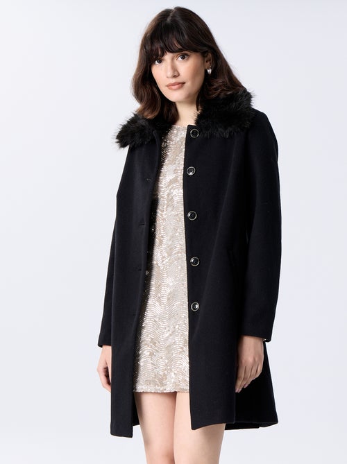 Manteau mi-long en faux lainage avec col en fausse fourrure - Kiabi