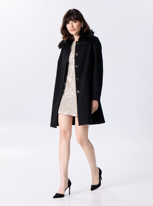 Manteau mi-long en faux lainage avec col en fausse fourrure - Kiabi
