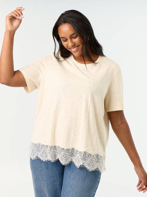 Marled Knit T-shirt with Lace Trim - Kiabi