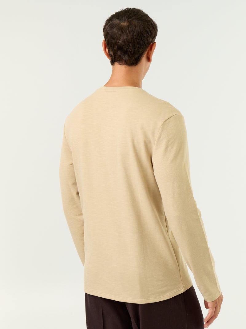 Men's Long-Sleeved Henley T-shirt Beige - Kiabi