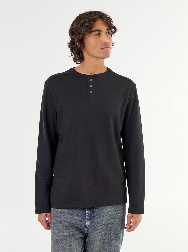 Men's Long-Sleeved Henley T-shirt Black - Kiabi