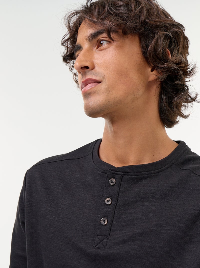 Men's Long-Sleeved Henley T-shirt Black - Kiabi