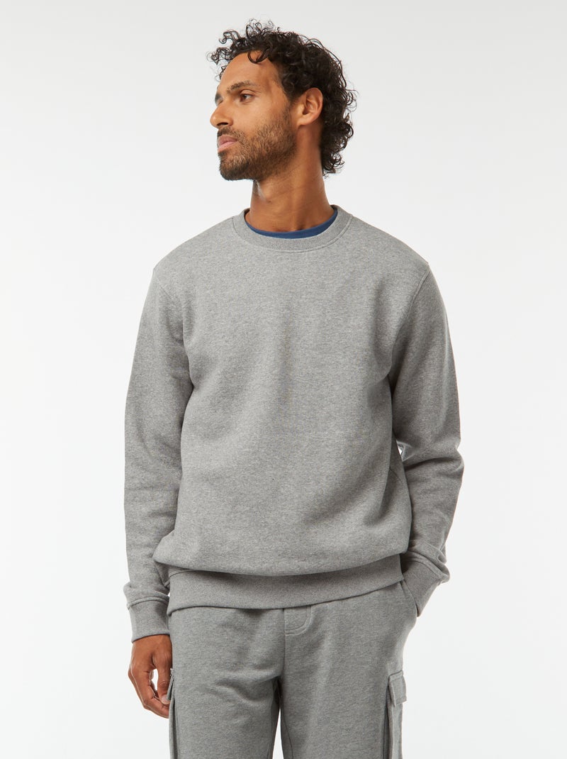 Men's Plain Brushed Fleece Round Neck Sweatshirt Grey - Kiabi