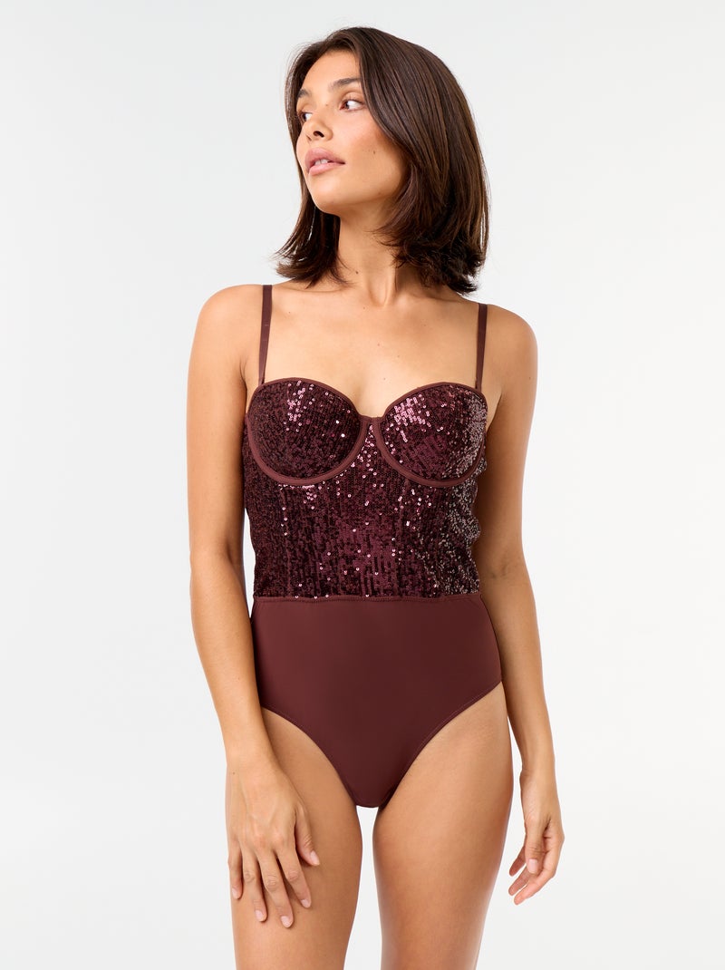 Microfiber and sequin bodysuit Dark brown - Kiabi