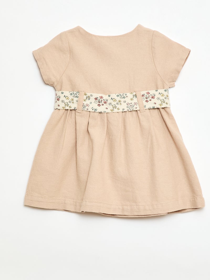 Mixed Linen Dress with Belt Beige - Kiabi
