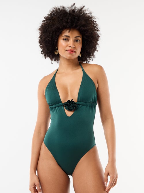 One-piece swimsuit with floral neckline detail - Kiabi