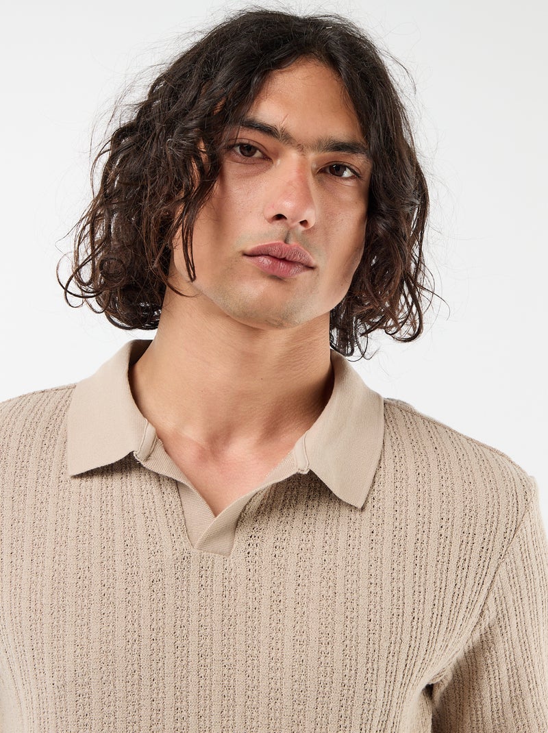 Openwork Knit Polo Shirt Beige - Kiabi