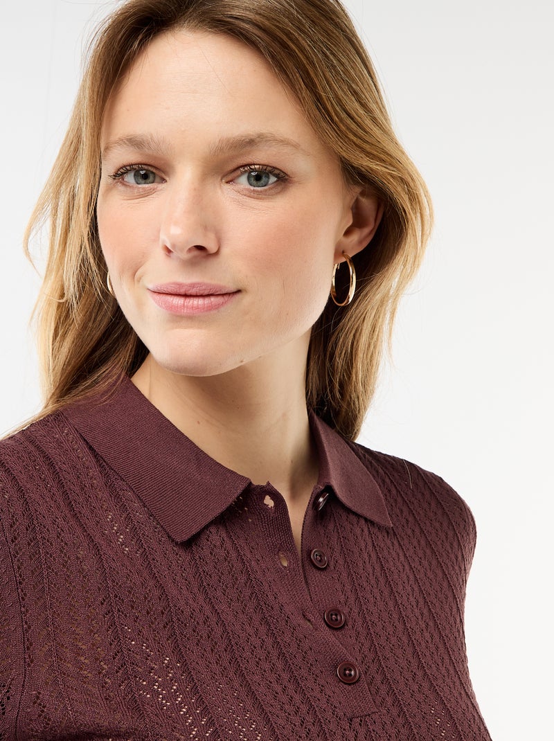Openwork Knit Polo Shirt with Short Sleeves Brown - Kiabi