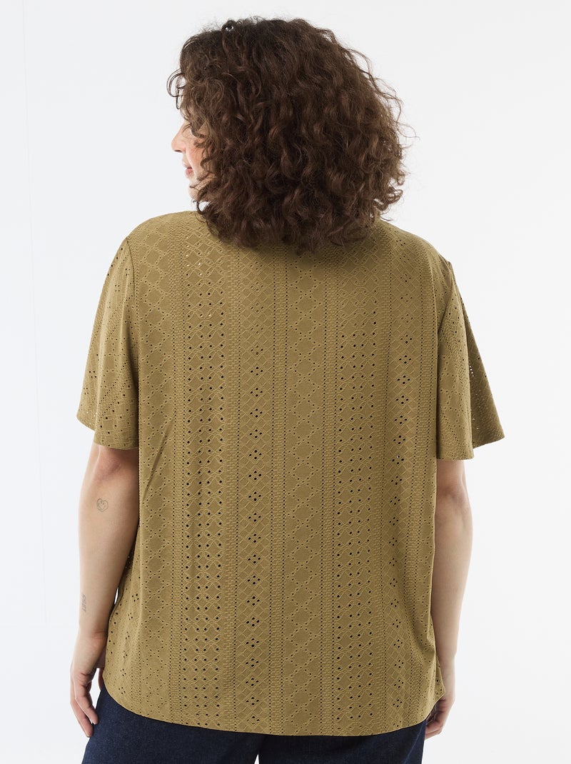 Openwork Knit Solid T-Shirt Green - Kiabi