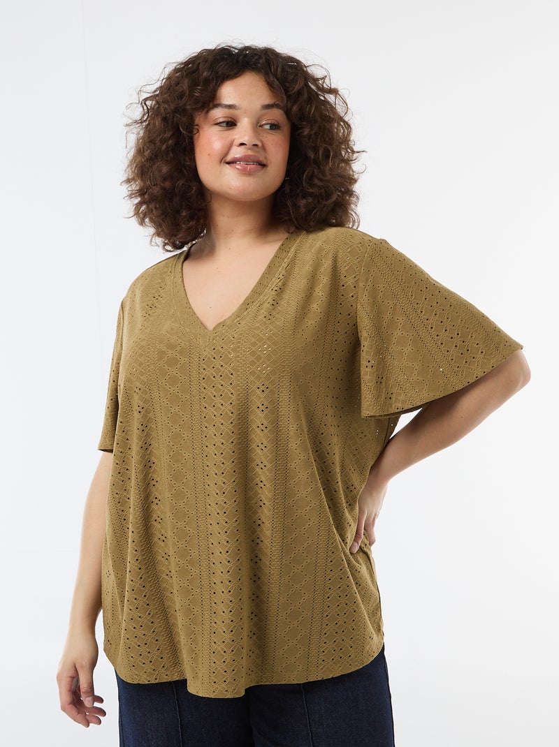 Openwork Knit Solid T-Shirt Green - Kiabi