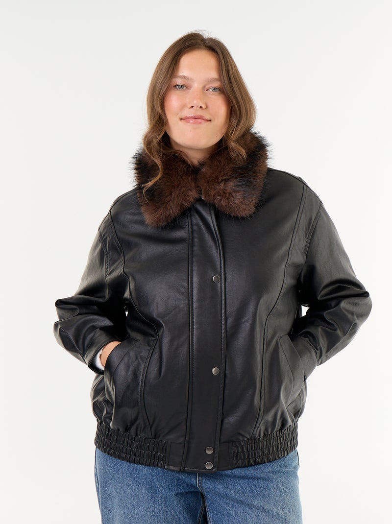 Oversize-Blouson aus Kunstleder mit abnehmbarem Kunstfellkragen Noir - Kiabi