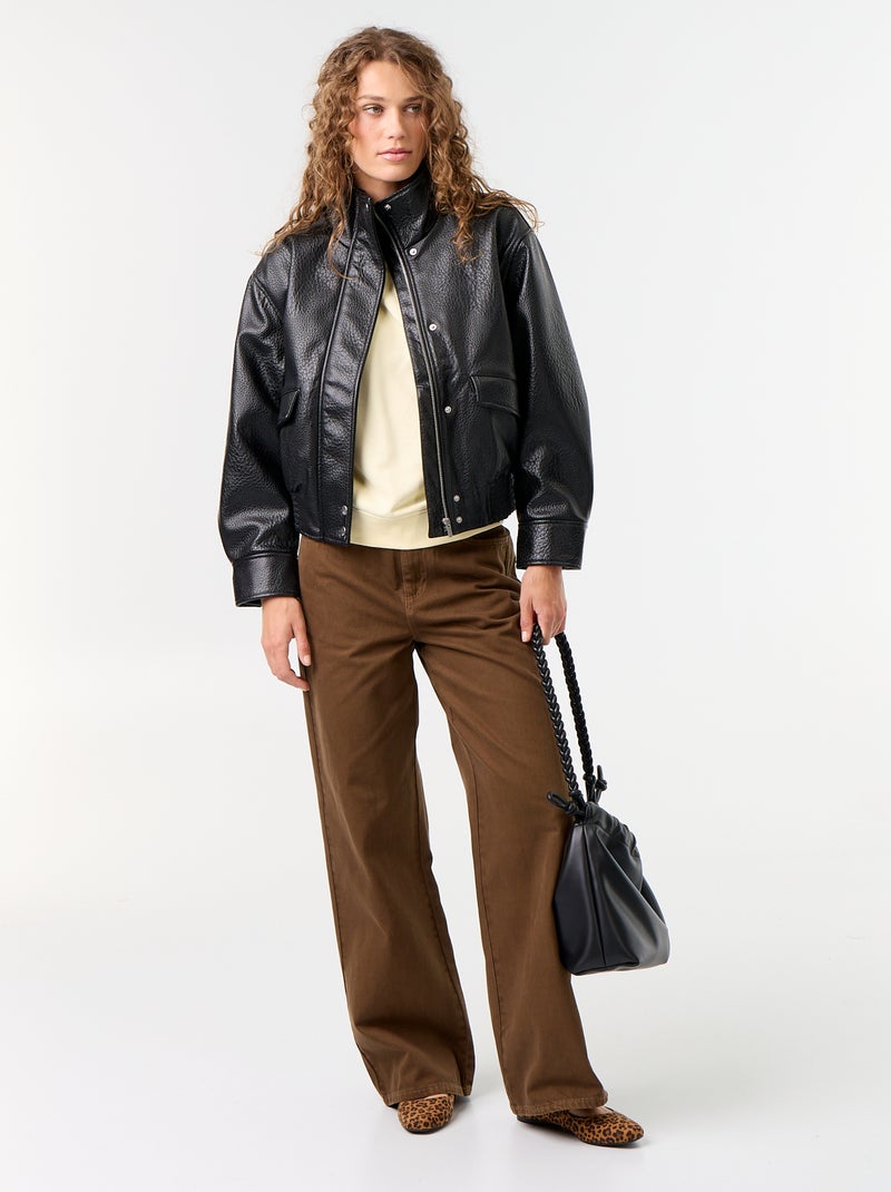 Oversized Faux Leather High-Neck Jacket Black - Kiabi