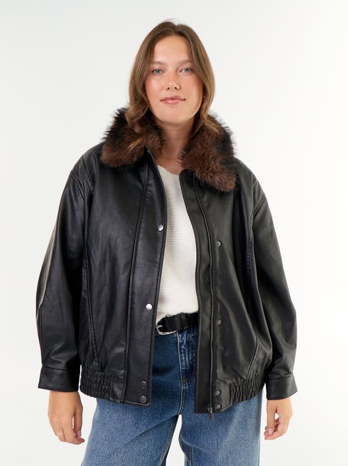 Oversized Faux Leather Jacket with Removable Faux Fur Collar - Kiabi