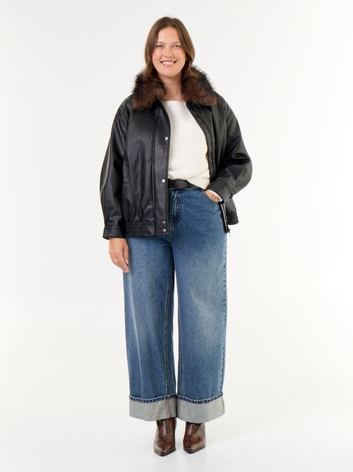Oversized Faux Leather Jacket with Removable Faux Fur Collar - Kiabi