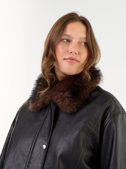 Oversized Faux Leather Jacket with Removable Faux Fur Collar - Kiabi