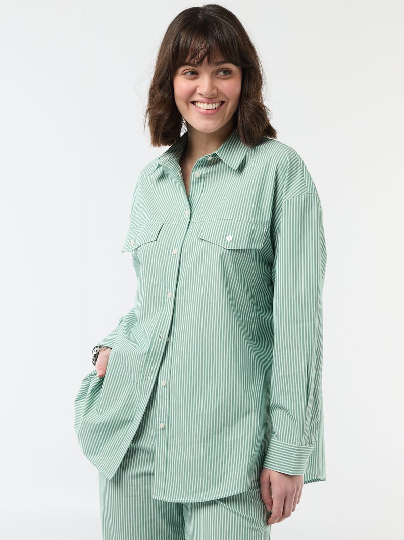 Oversized Striped Poplin Shirt Green - Kiabi
