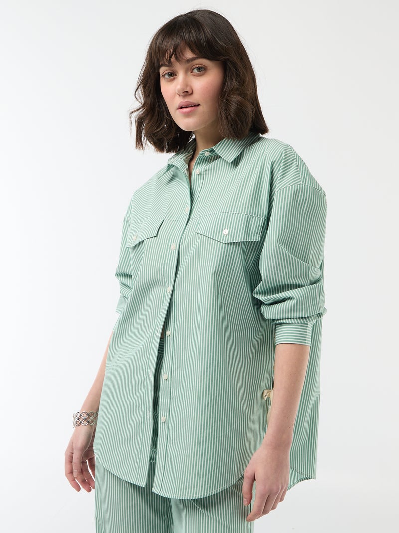 Oversized Striped Poplin Shirt Green - Kiabi