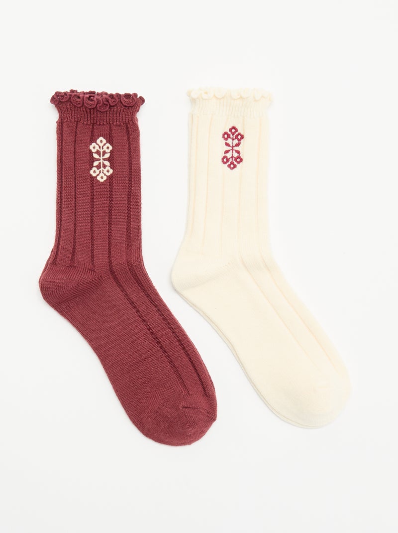 Pack of 2 Pairs of Embroidered Ankle Socks Beige - Kiabi