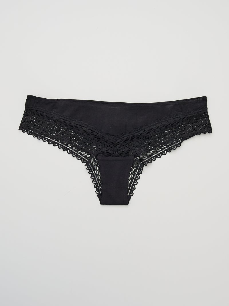 Pack of 3 Cotton and Lace Thongs BLACK - Kiabi
