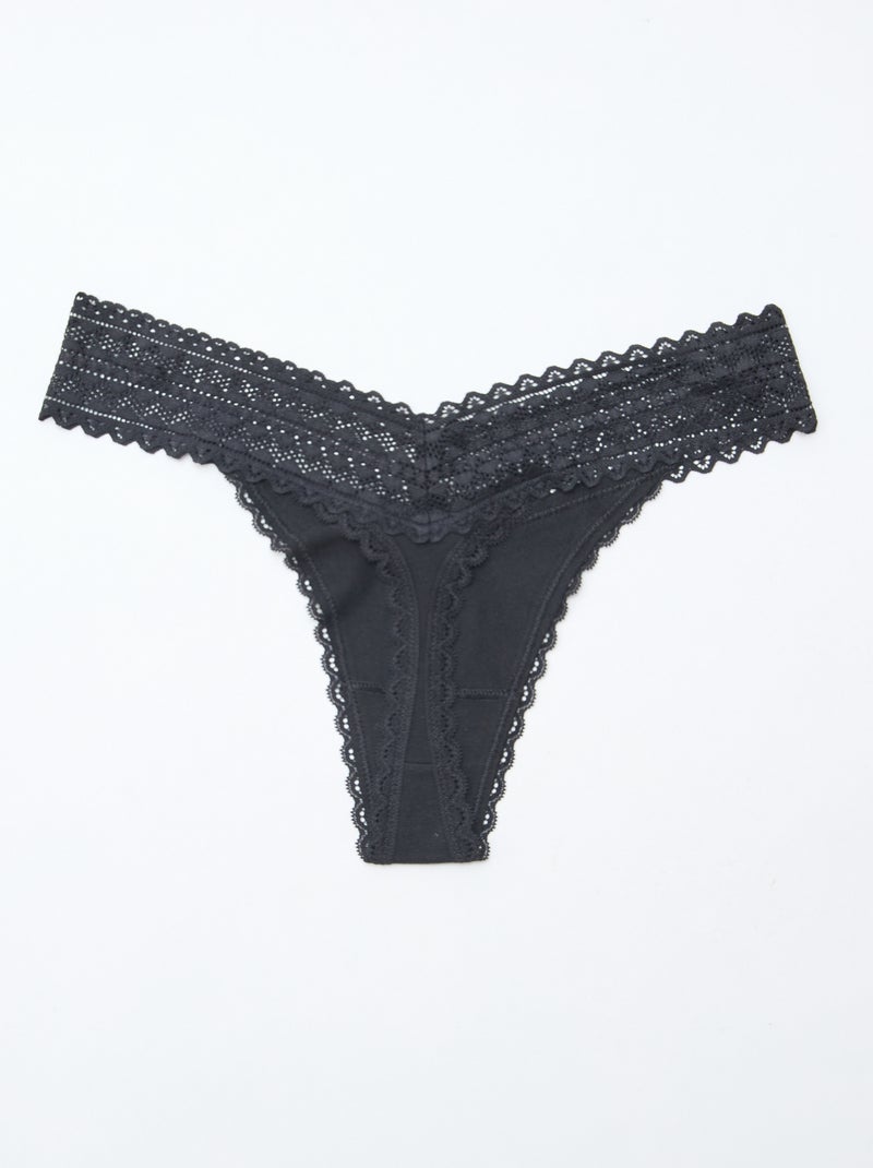Pack of 3 cotton and lace thongs Black - Kiabi