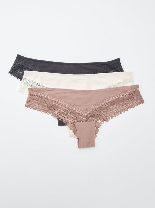 Pack of 3 Cotton and Lace Thongs - Kiabi