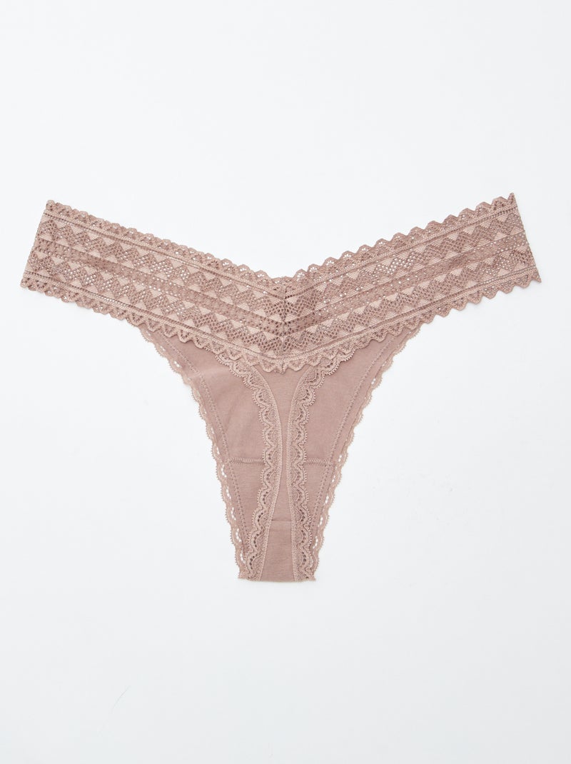 Pack of 3 cotton and lace thongs PINK - Kiabi